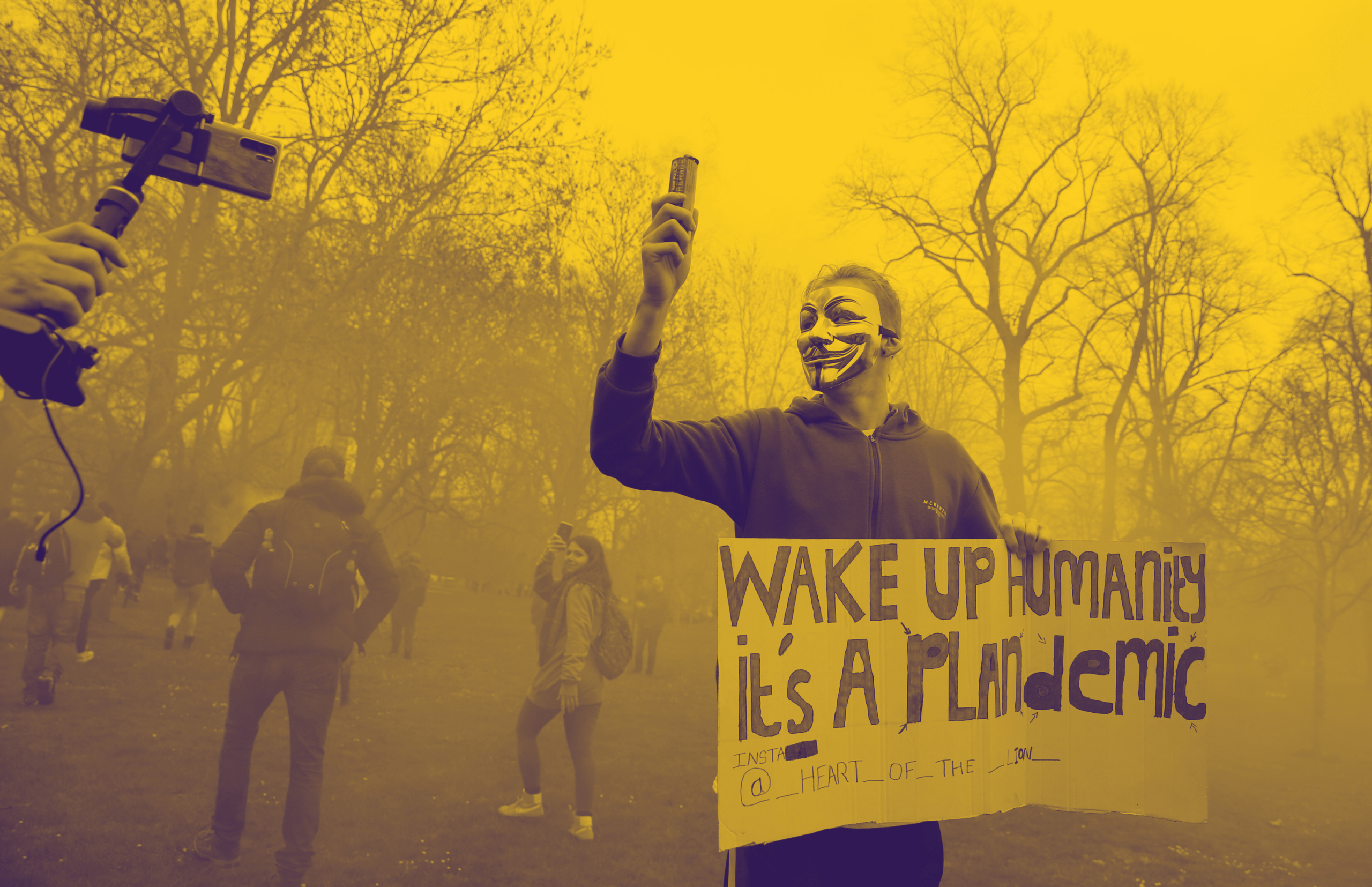 Ein Teilnehmer der "World Wide Rallye For Freedom" 2021 trägt eine Guy Fawkes-Maske und hält ein Schild mit der Aufschrift "Wake up humanity it's a plandemic" und einem Instagram-Handle.