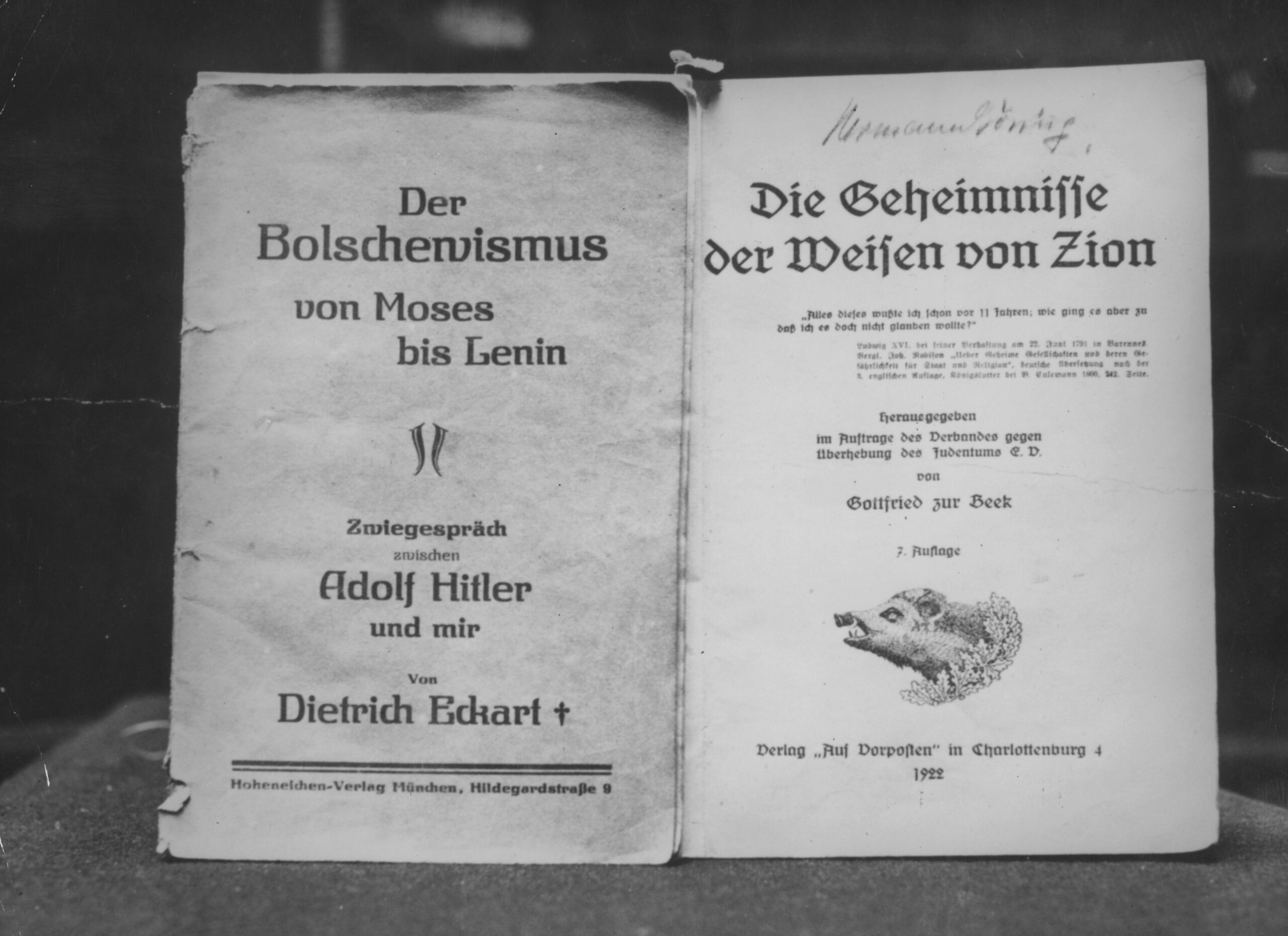 circa 1935: The title pages of 'The Protocols of the Elders of Zion', a Nazi antisemitic text. (Photo by Hulton Archive/Getty Images)