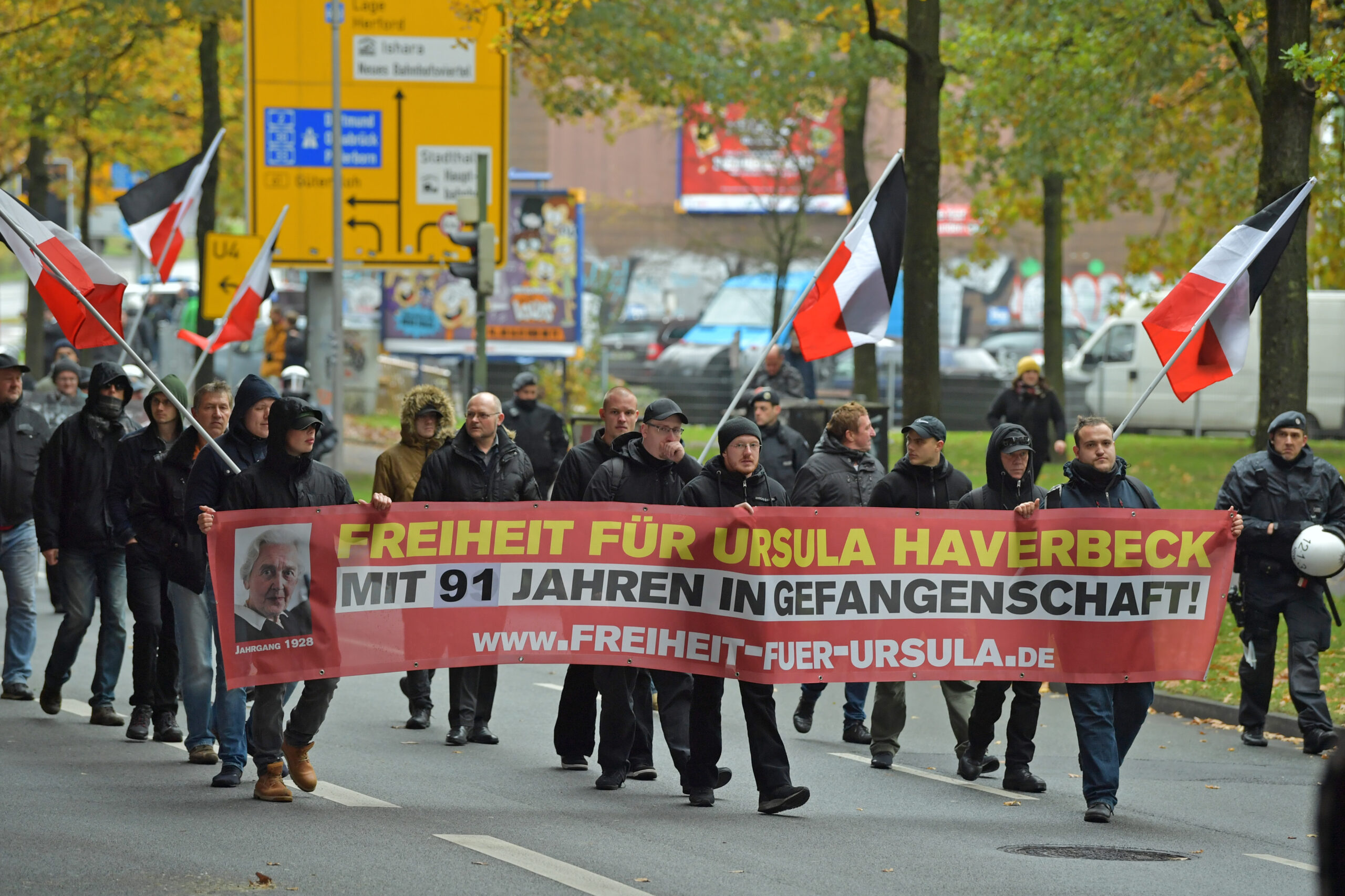 BIELEFELD, GERMANY - NOVEMBER 09: Neo-Nazis march in support of Holocaust denier Ursula Haverbeck on November 9, 2019 in Bielefeld, Germany. Haverbeck, 90, is serving a two-year sentence for her outspoken denials regarding the Holocaust, which in Germany is a criminal offence. Today's march is taking place on the same day that Germany commemorates Kristallnacht, the 1938 Nazi-led pogrom against synagogues and Jewish-owned businesses across Germany. (Photo by Thomas F. Starke/Getty Images)