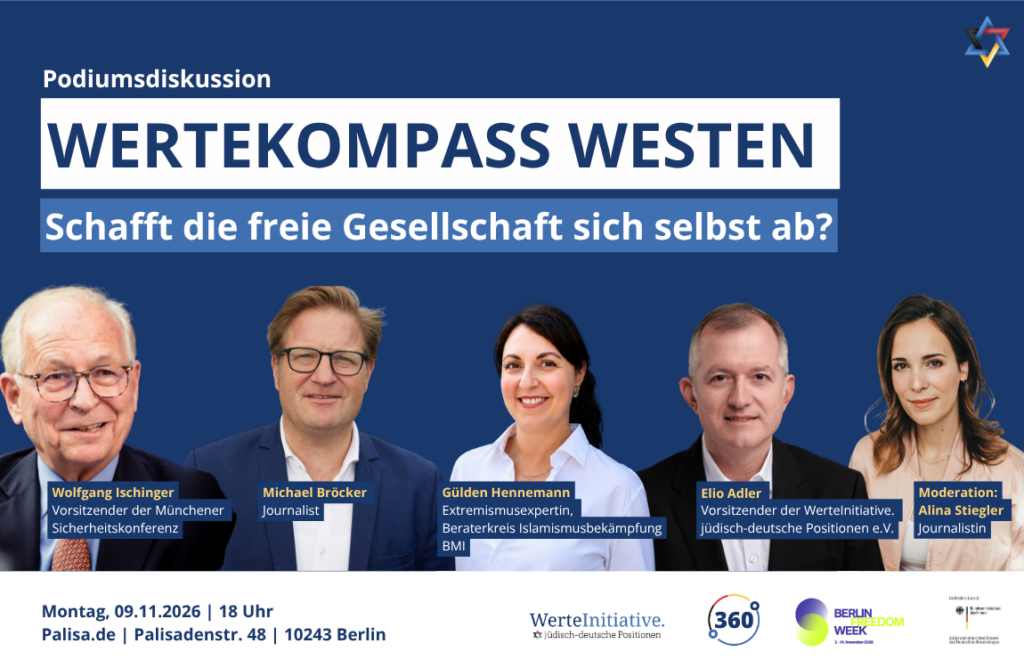 Podiumsdiskussion Wertekompass Westen mit Wolfgang Ischinger, Michael Broecker, Guelden Hennemann, Elio Adler und Alina Stiegler